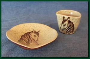 Lorenzen potterey tri cornered dish and container with decorated horse heads 1949 