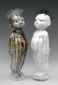 Twin Binary Road Warrior Figurines 2015 H 48cm. Porcelain, coloured slips, wire and fishing line. Photo E.A.Clarke 