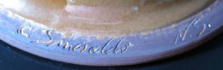 Carol Smeraldo 2005-present engraved signature on sculptural raku work: Smeraldo N.S.