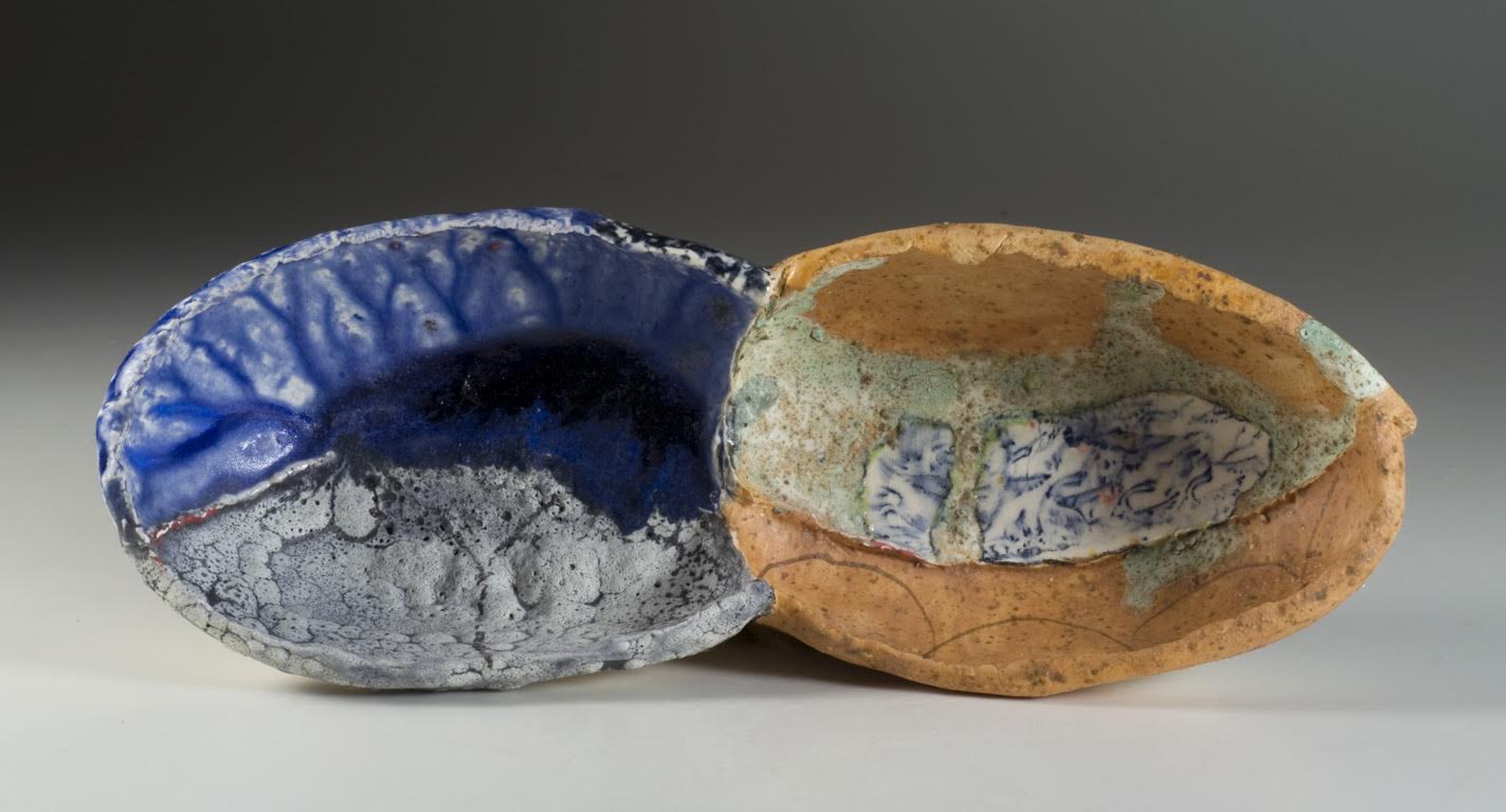John Chalke. 2009. Deep Blue Pool and Cranes, 12 x 31 x 7 cm. Hand built and assembled wall piece, multiple glazes and firings (cone 05-04), decal. Photograph: Barbara Tipton