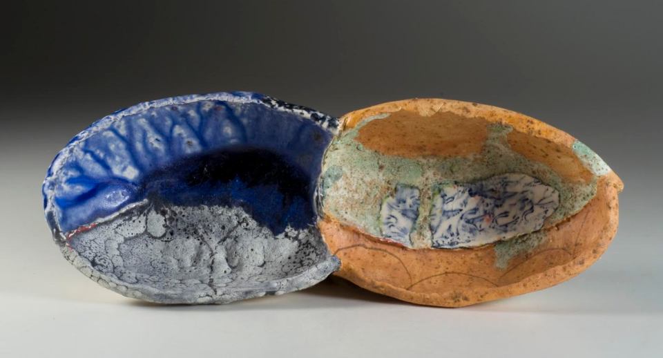 John Chalke. 2009. Deep Blue Pool and Cranes, 12 x 31 x 7 cm. Hand built and assembled wall piece, multiple glazes and firings (cone 05-04), decal. Photograph: Barbara Tipton