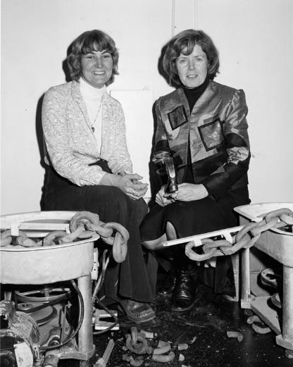 Carol Smeraldo and Ann Mortimer at the official opening of the Halifax Studio School of Pottery, January 1980.