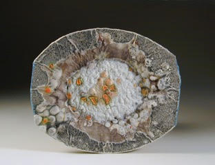 John Chalke. Hips and Hoar, 18 x 23 x 5 cm, 2008. Hand built wall piece, low-fire clay, multiple glazes and firings (cone 05-04). Photograph: Barbara Tipton