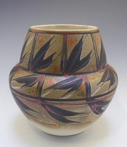 Robin Hopper. Olla Form . Porcelain Sprayed With Terra Sigillata, Burnished & Then Painted With Black/Bronze Pigment Fired To Cone 9 In Oxidation, Then Ttrailed & Brushed With Chrome Red Lead Glaze, Then Fired In Oxidation At Cone 08. Photo: Judi Dyelle