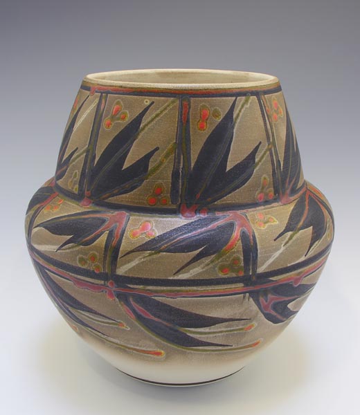 Robin Hopper. Olla Form . Porcelain Sprayed With Terra Sigillata, Burnished & Then Painted With Black/Bronze Pigment Fired To Cone 9 In Oxidation, Then Ttrailed & Brushed With Chrome Red Lead Glaze, Then Fired In Oxidation At Cone 08. Photo: Judi Dyelle
