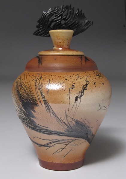Carol Smeraldo. 2011. Raku Vase. Horsehair carbon painted, black porcelain finial, 27.3 x 16.5cm.