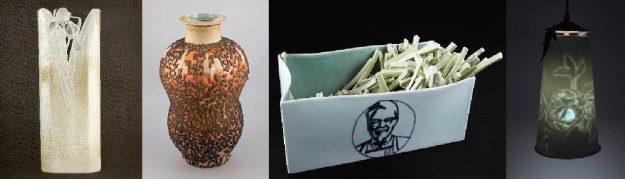 Harlan House. Left: 1976 Vase With Iris; centre-left: 2002. Untitled. (Morgan Glaze Vase).Collection of the Alberta Foundation for the Arts; centre-right: Harland's On My Side. undated; right: 2015 Peony Lamp. David Kaye Gallery.