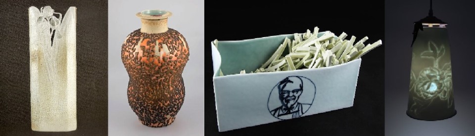 Harlan House. Left: 1976 Vase With Iris [10]; centre-left: 2002. Untitled. (Morgan Glaze Vase).Collection of the Alberta Foundation for the Arts; centre-right: Harland's On My Side. undated; right: 2015 Peony Lamp. David Kaye Gallery.