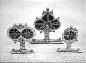 3 Straw flower holders with British flag, Stoneware, Raku, tallest work was approx. 16 cm.high. Courtesy of the artist.