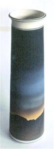 Campbell, tall landscape vase. 1982. 45 cm high porcelain, C/6 oxidation glazed interior and airbrushed glaze stains on the outside, with no glaze over it but a thin spray of frit to seal the surface. Courtesy of the artist.