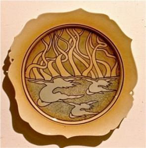 Campbell, Merrily Merrily Down The Stream, 1985. 32 cm wide. C/6 porcelain, airbrushed, etched, airbrushed, press mould/thrown, scalloped edge. Courtesy of the artist.