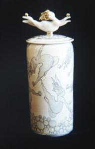 Keith Campbell, Balancing Gold Balls, 1986. Thrown covered jar with sculpted Flying Fat Lady at top, airbrushed stains, under glaze pencil drawing, lustre, C/6 Porcelain, oxidation, 36 cm High. Courtesy of the artist.