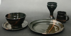 Alberta Gold Design Porcelaneous Stoneware High Fired to 2380 in a gas kiln Semi-Gloss Black and Amber Glazes