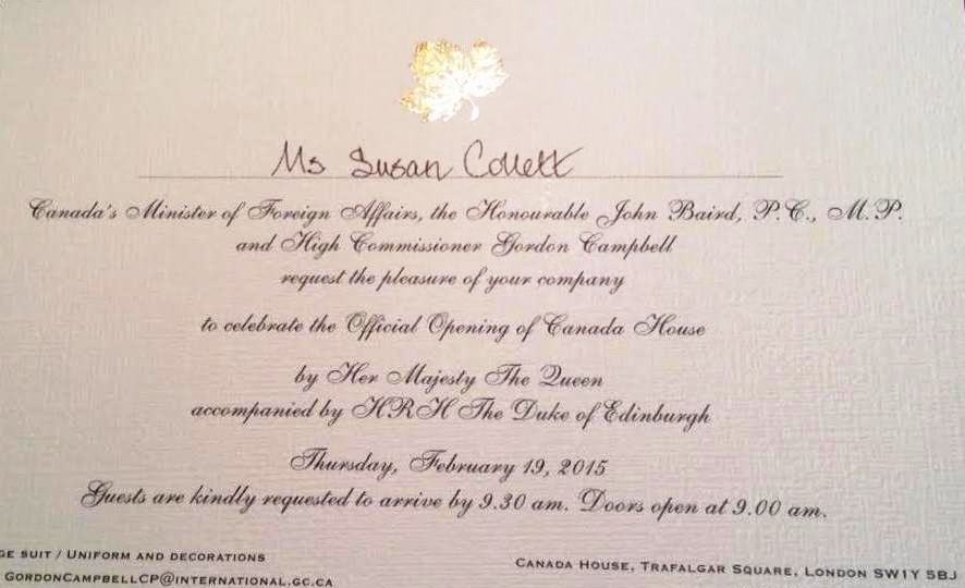 Susan Collett's Invitation to Canada House, London