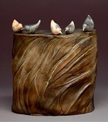 Judy Blake. Small Birds on Cliff, 2010. Burnished, unglazed saggar-fired birds on smoke-fired cliff. 25.5 cm h x 15.5 cm w x 21.5 cm l.
