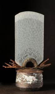 Glyph Arch Branch Vessel Ceramic, cast bronze and glass. 19" w x 10.5" deep x 29" h Peter Powning
