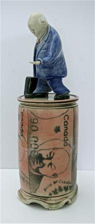 Keith Campbell. "Never Enough For The Duff"! 2015. Height 38 cm, C/6 Porcelain, oxidation, just bisque and then glaze firing, sculpted thrown airbrush stencil, drawn and painted with stains with a clear glaze.