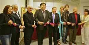 The Ribbon Cutting Ceremony: VP Dermot Wilson, Pres. Keith Campbell, city councillor Jeff Serran, MP Jay Aspin, Executive Director of Craft Ontario Emma Quin, Geoff Richardson our landlord,and President of Canadore College George Burton with Amy and Manon holding the ribbon.