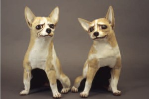 Grande Chihuahuas, 2002. Red clay, cone 1, coloured slips, slab built, formed from inside, Pair each, H - 50 cm . Published , 2007 LARK 500 Animals , private collection Photo Kenji Nagai