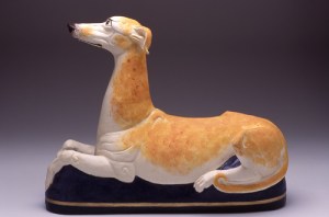 Hound Supersized, 2007. White clay, coloured slips, gersley borate, cone 3., L – 53Cm H - 38cm , Built as a solid form and then hollowed. 2nd International Exhibition for the Silicate Arts, Hungary, ICS Collection, Image in Technical #27 - Dogged Process, and in New Ceramics, Germany, Photo Kenji Nagai