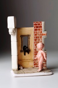 litterLitter 2012. White clays, coloured slips, inlaid colours, press moulds, constructed, H – 12”31cm, exhibited; One to Many 2013 , Burnaby Arts Council Gallery 2013. Collection of artist. Photo Kenji Nagai.