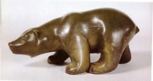 Walter Dexter. Bear. Early to mid 1950s. Stoneware, slipcast, Bone Brown Glaze, cone 9, 27cm l x 14 1/2 cm w