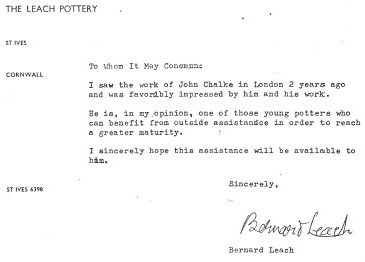 John Chalke’s Bernard Leach recommendation.1968. Courtesy of the artist.