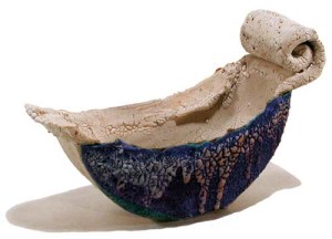 John Chalke . Mushroom Bowl, 1988. 15.2x25.2x12.0 cm, Stoneware, hand built, multiple glazes, ceramic transfer. Collection of the Burlington Art Centre. Donated By Colleen Dullian, 1997