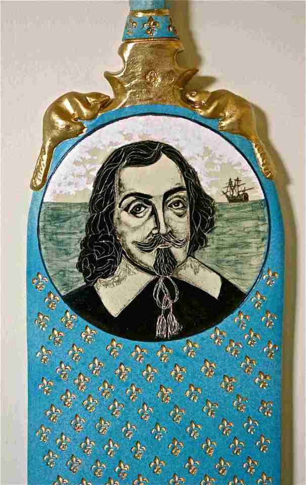 Keith Campbell. Artifact: The Samuel de Champlain Paddle. (Detail) 125 cm L x 20 cm W x 4 cm D handbuilt and sculpted, stamped, stencil and painted, glaze with a clear glaze with stain under. Glued metal rods to join the 3 porcelain pieces together and use gold paint, used C/6 porcelain.