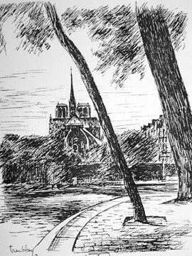 A-M Tremblay. Notre Dame, Paris. 1964. Ink on paper.