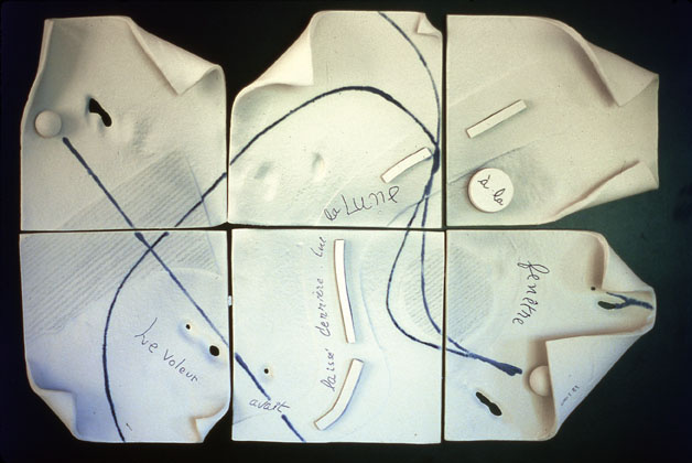 A-M Tremblay. Open Book: Haiku by Pierre Larivière. 1984. 60 x 140 cm. Six porcelain tiles with sandblasting. photo A-M Tremblay. A mention at Fireworks 1984, Fifth Biennale Exhibition of Clay and glass, Ontario Potters association, Toronto