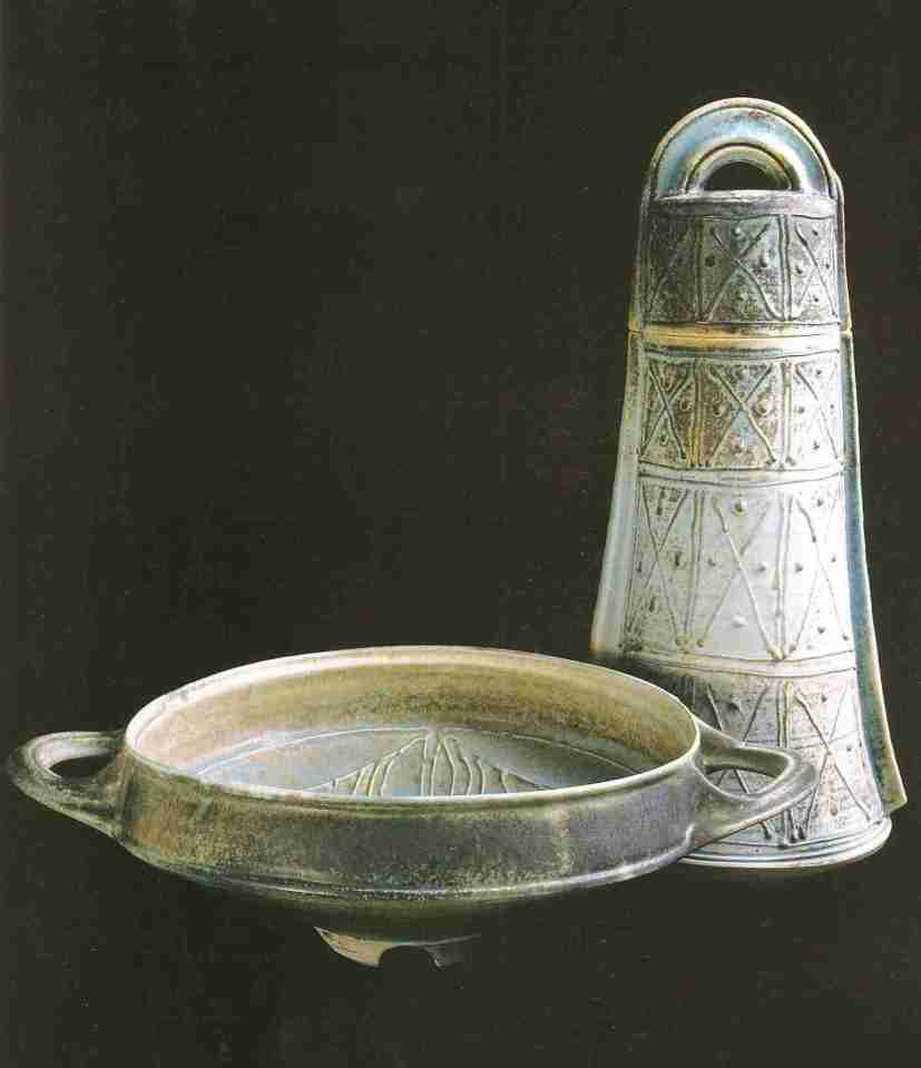 Robin Hopper. Lidded Bell Jar and Kylix Form. 1985. Thrown and constructed matte alkaline slip glaze over slip trailing, once fired oxidation cone 8. Jar 17? tall; Kylix 13? diam. Photo: Judi Dyelle.