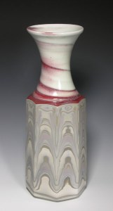 Robin Hopper. Pink, grey and red agateware pillar vase. Copper Series – 30.5 H x 10.2 cm W. Photo: Judi Dyelle.
