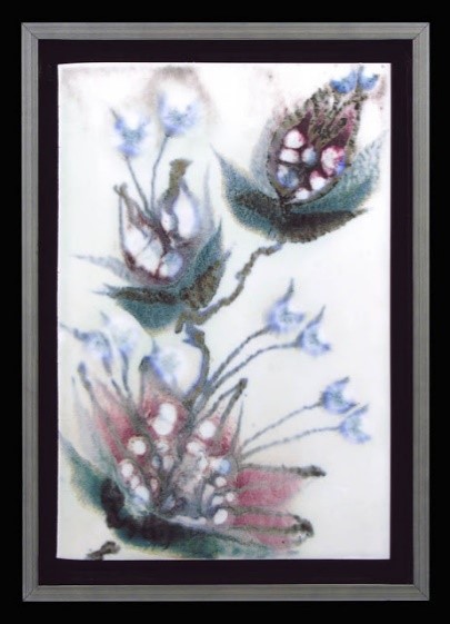 Robin Hopper. Clematis. Glaze painting, multiple glazes and black pigment brushwork. Reduction fired cone 9. Photo: Judi Dyelle.