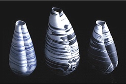 Robin Hopper. Porcelain Agateware Shell Forms, Marine Series. 1974. Agate porcelain, wheel thrown and altered. Unglazed. Electric-fired at cone 8. Left to right: 20 cm x 13 cm; 26 cm x 14 cm; 20 cm x 12 cm. Photo: Judi Dyelle.