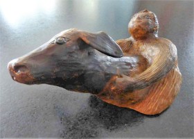 Thomas Kakinuma. Calf and Boy Hybrid, W25cm x H14cm x D14cm, Boy with white slip under iron glaze, 1955. It had been included in a 1955 Northwest Craftsman Exhibition in Seattle Washington. Collection of author.