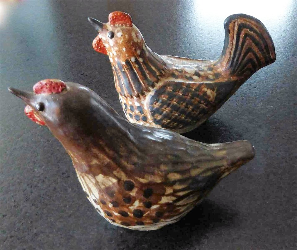 Thomas Kakinuma. Hen and Rooster - Hen W18cm x H135m x D8cm, Rooster W20cm x H15cm x D8cm, date unknown, Iron slip over white glaze, with red glaze on wattles.