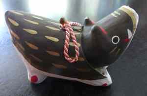  Japanese Dog Daruma, Paper Mache dog with bobble head, W7cm x H 5cm x D4cm. Collection of author.