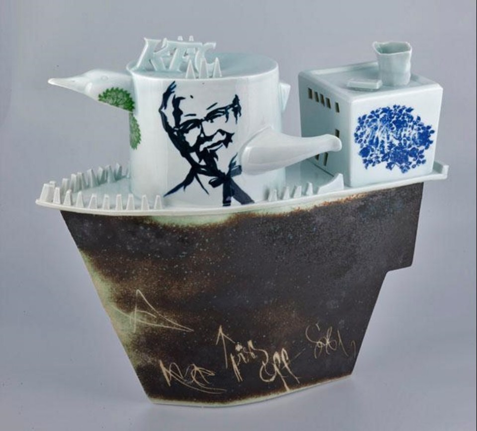 Harlan House. Invasion Of Western Fast Food To Rural China. 2009. (Handbuilt and slipcast?) 47 x 49.5 x 20 cm. (Clay type?)