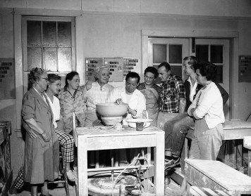 Thomas Kakinuma, centre, with Olea Davis, pearls, and class at UBC, late 50s, Courtesy of Rare Books and Special Collections - University of British Columbia