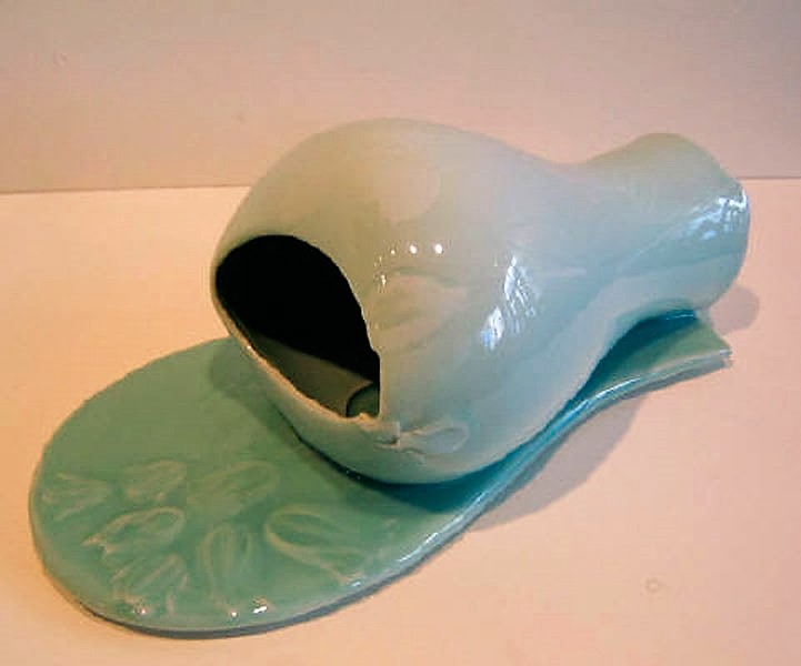 Harlan House. (Date.) Romance, Recumbent Meiping vase fused to tulip shadow. Sandblasted, Quigbi and HH Celadon.