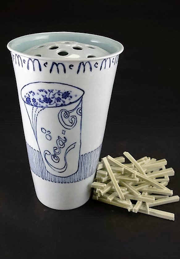 Harlan House McRose Holder & Fries-Coke. (Date?). 31cm high slipcast super-size form, with cobalt brush drawing and Qing Bai glaze