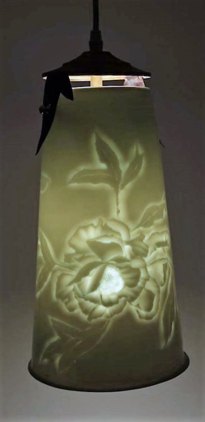 Harlan House. House. Peony Lamp #1. 2015. Porcelain, with copper & brass fixture, 13 1/2 in. Slipcast.