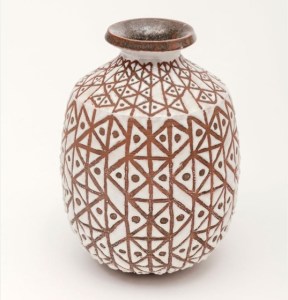 Jean Cartier. 1952 Jean Cartier (1924–1996), Vase, 1952. Thrown red earthenware, white glaze, wax resist decoration, 21.2 x 14.3 cm. Collection of the Gardiner Museum, gift of Léopold L. Foulem