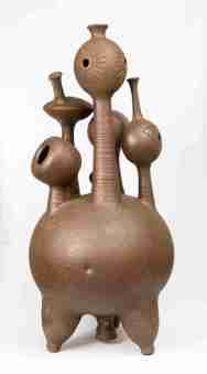 Jan Grove. Visitors from Pluto, brown engobe, 1971. 80 x 35 cm. Collection of the artists. Photo: Robert Matheson.