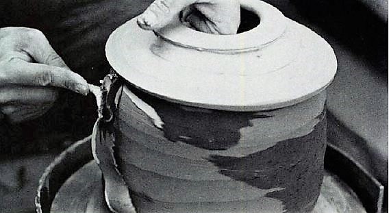 Les Manning. Wet trimming the surface clay exposes clay colour and pattern. Ceramics Monthly, June 1982.