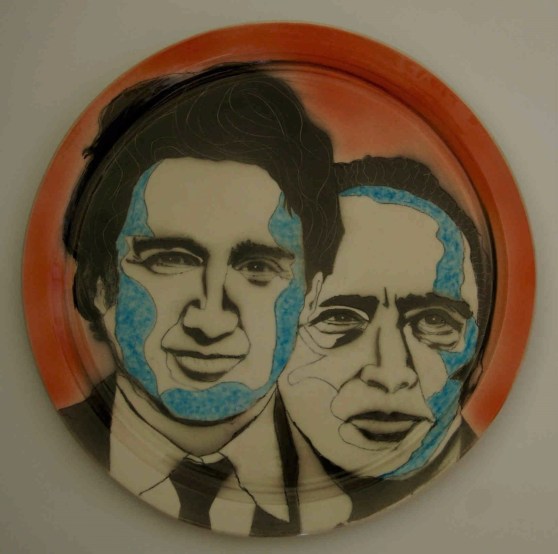 Keith Campbell. 2017. C/6 porcelain plate with photo stencil airbrushed, drawn, brushed, sgrafitto image with a clear glaze 35 cm wide