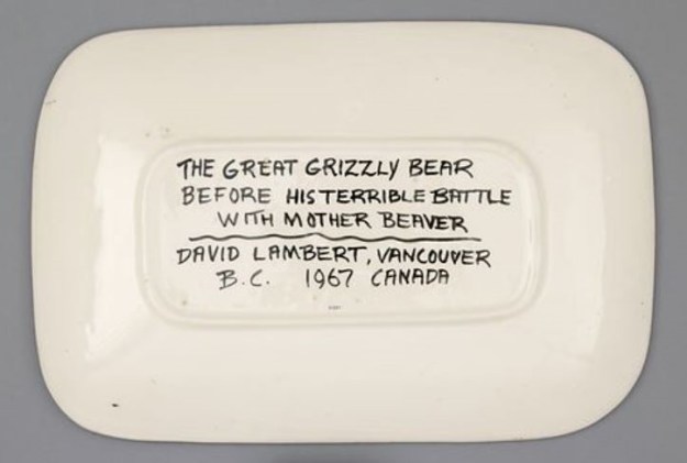David Lambert title, handwritten signature, and date, 1967, in the recessed foot of rectangular plate. The "Vancouver B.C. Canada" part of the label  on the right suggests this work was part of an international shipment of works.
