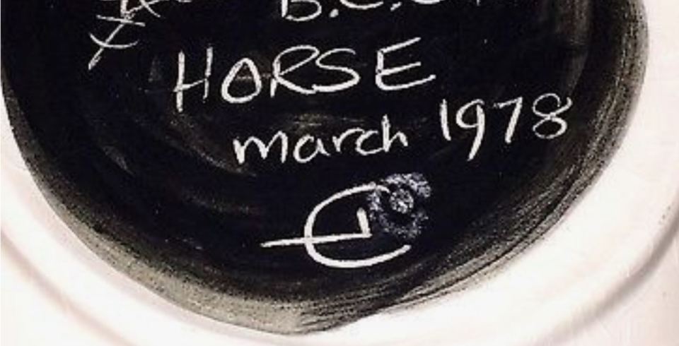 Possible David Lambert mark in sgraffito on the base of pot date 1978. I have included this mark above since it is similar to one David Lambert showed me on his work during our interview in 1981. Further research or confirmation are welcome.