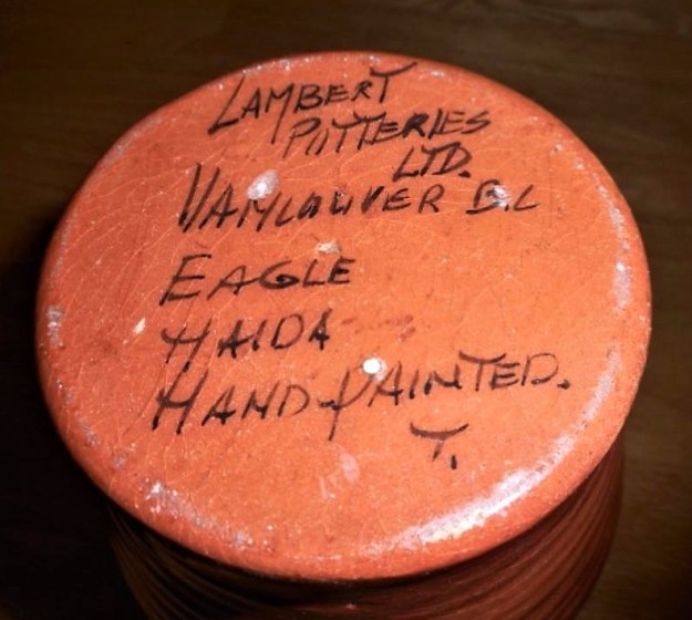Lambert Potteries Ltd. label with handwritten title and designer's initial on a smooth base. Not dated,